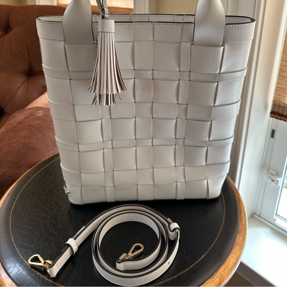 Leather Michael Korda tote with long strap .  Never used .  Weave pattern .